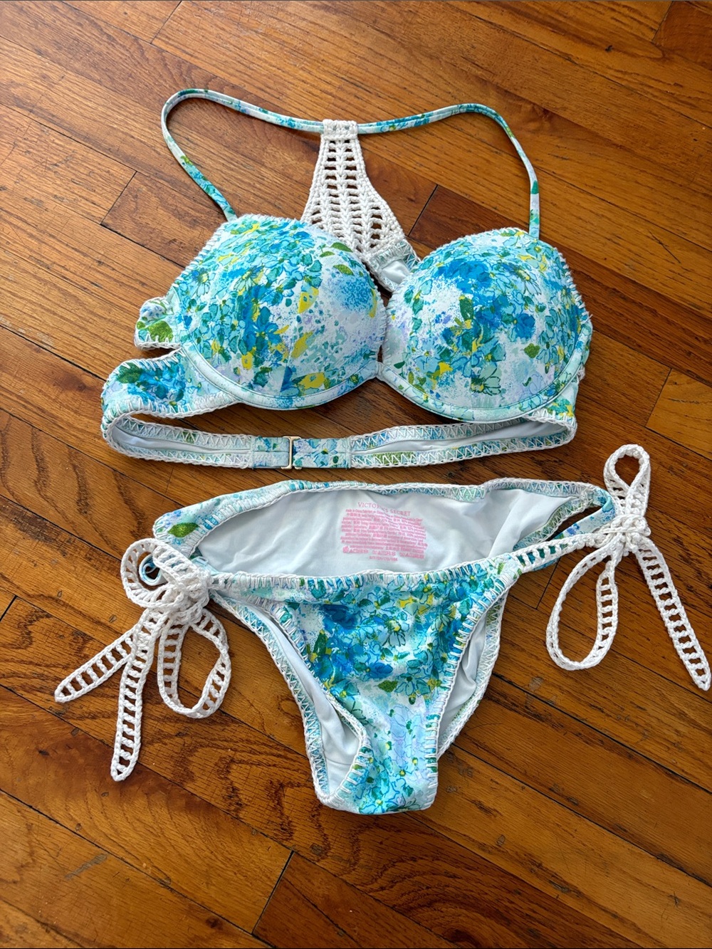 Victoria's Secret Blue & White Floral Crochet-Trim Bikini